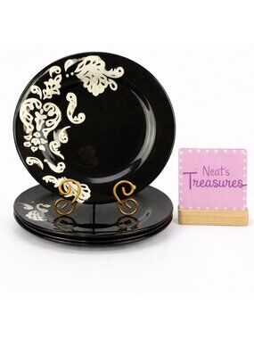 Laura Gates Ware LAG44 Smooth Black White Scrolls Stoneware Dinner Plate Set 3